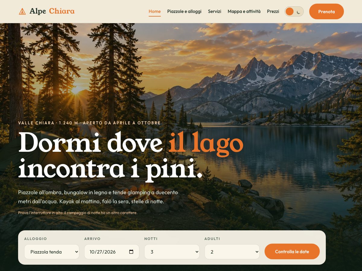 Anteprima del concept Alpe Chiara: sito per campeggio e glamping in verde pino e arancio falò, con tende tra i pini accanto a un lago.