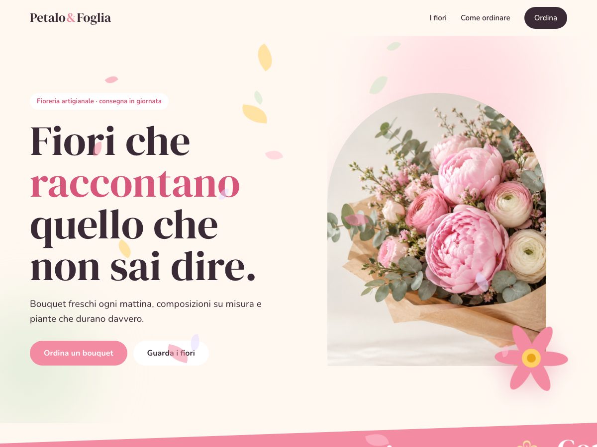Anteprima del concept Petalo & Foglia: sito per fioreria con fiore rosa su fondo crema.