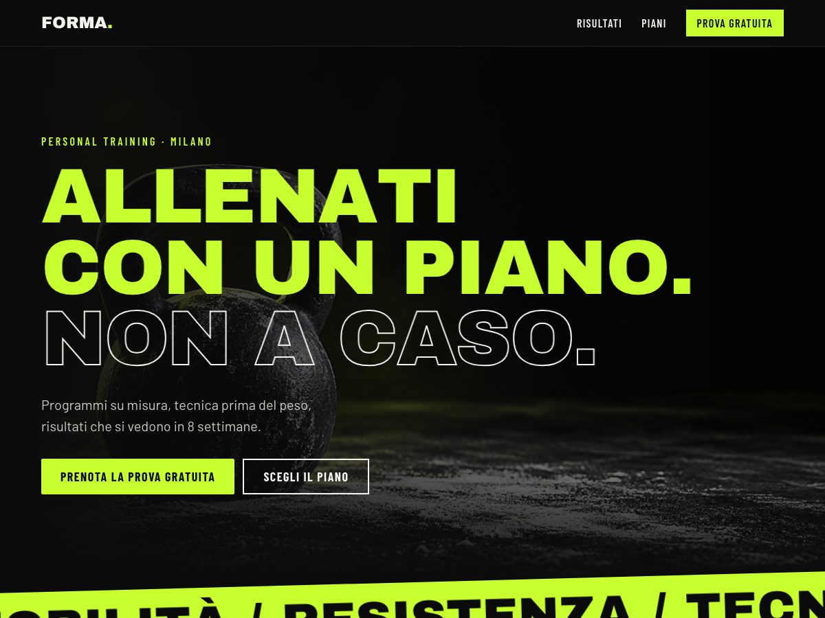 Anteprima del concept Forma: sito per personal trainer in nero e verde lime.