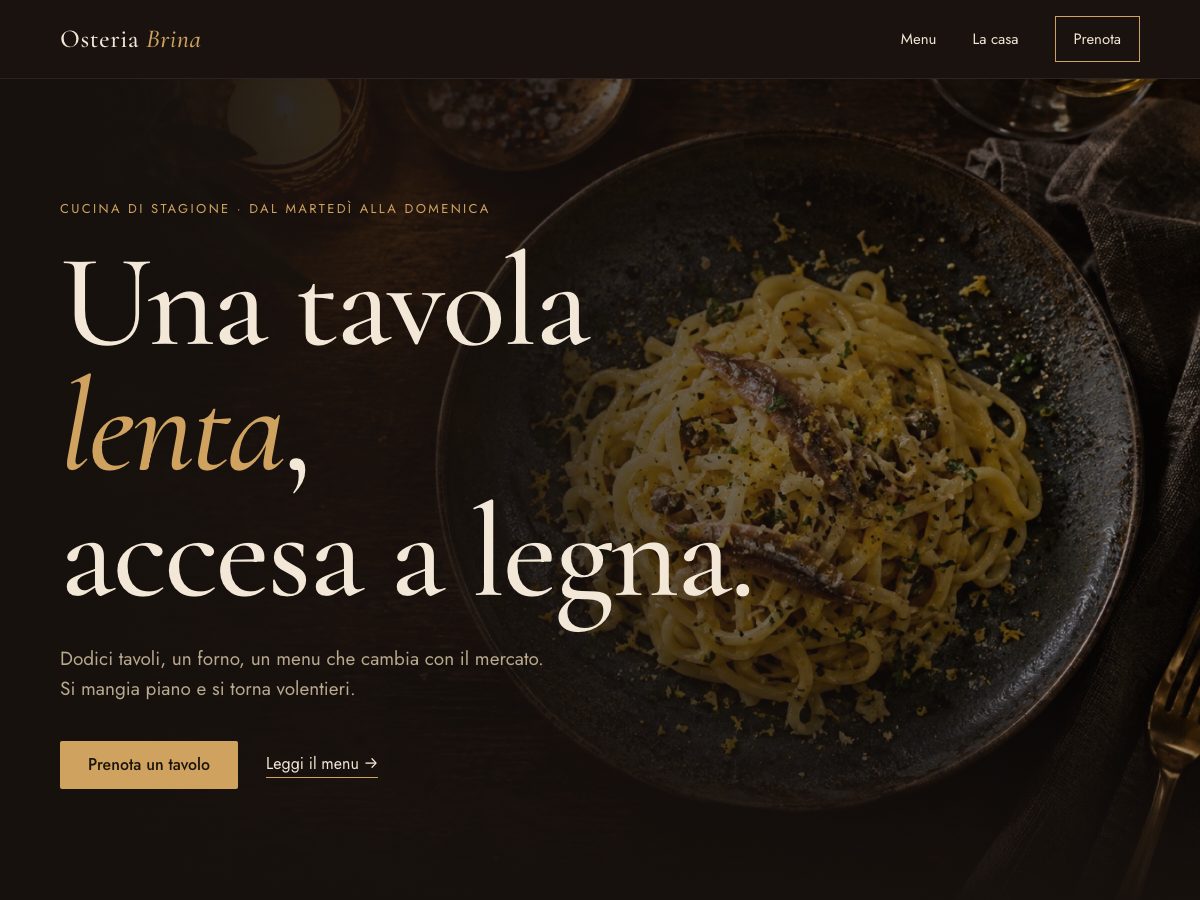 Anteprima del concept Osteria Brina: sito per ristorante in toni scuri e oro con titolo in corsivo.