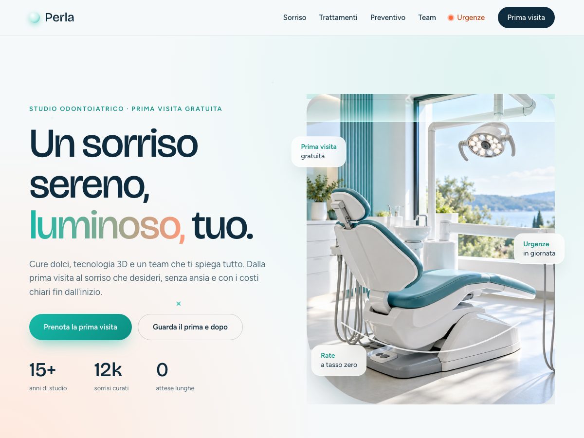 Anteprima del concept Perla: sito per studio dentistico in bianco perlato e verde acqua con una sala di trattamento luminosa.